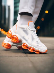 close up person wearing futuristic sneakers